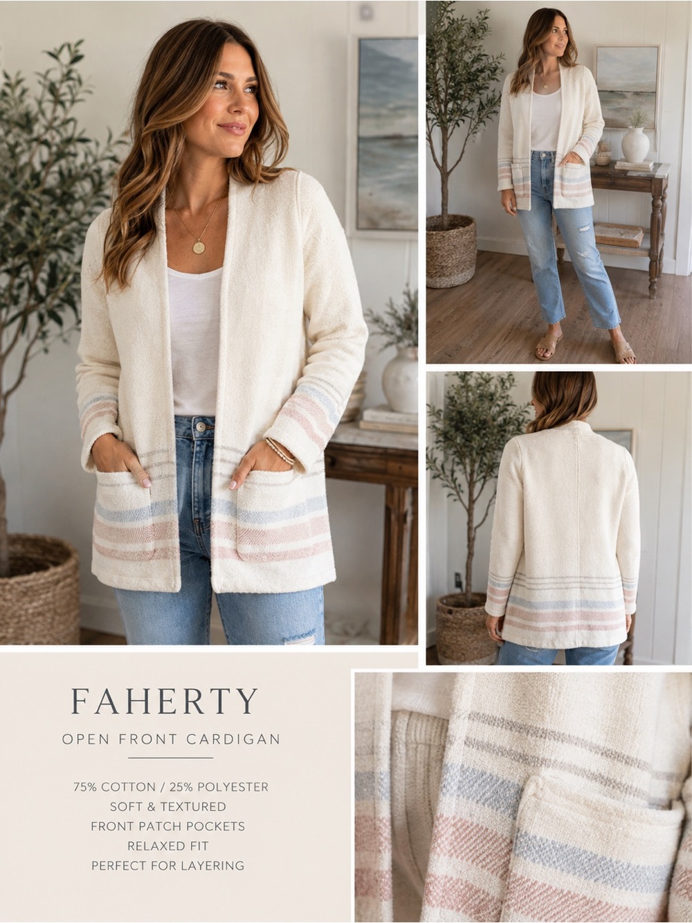 Faherty Women’s Striped Open Front Cotton Cardigan Jacket Ivory Pink Blue M